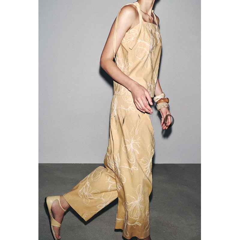 Été Faionable Svel haut brodé avec jambe large pantalons décontractés col rond Ne droit deux pièces ensemble vêtements pour femmes