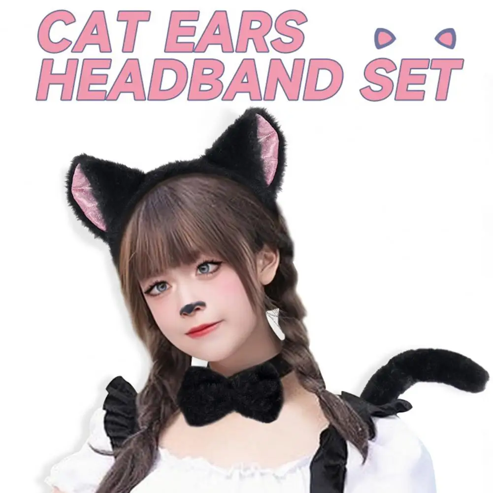 1 Set Cosplay Cat Glove Set With Bow Tie Tail And Headband Plush Halloween Performance Prop Comic Expos Photoshoots Accessories