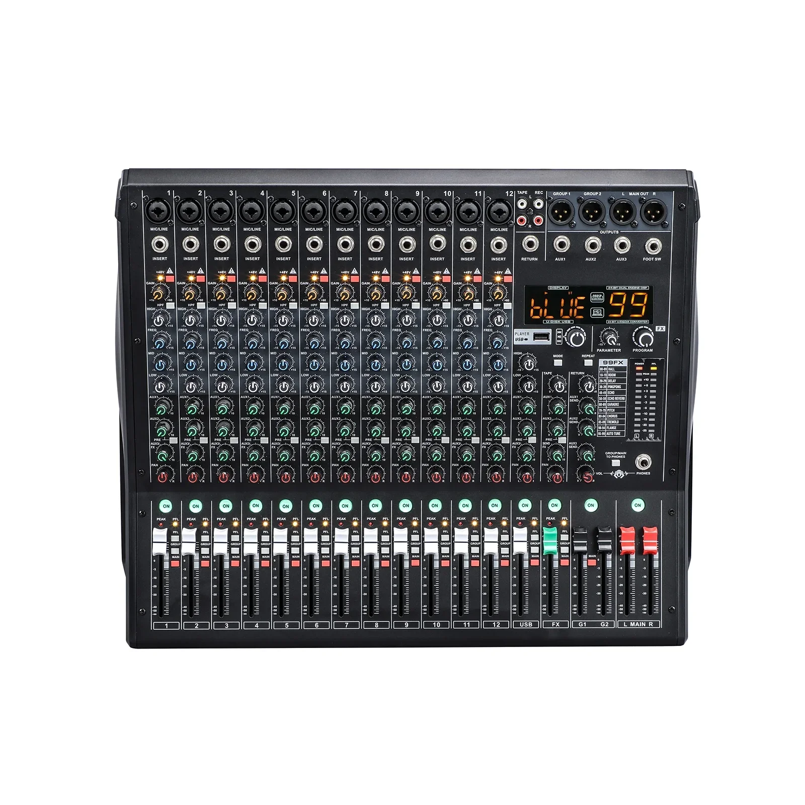 

LEGEND Series 8/12CH Blue-tooth Audio Mixer Professional MP3 Console 99DSP/3 AUX/2 Groups/4 Band EQ/ 48V Each Channel/Low Cut