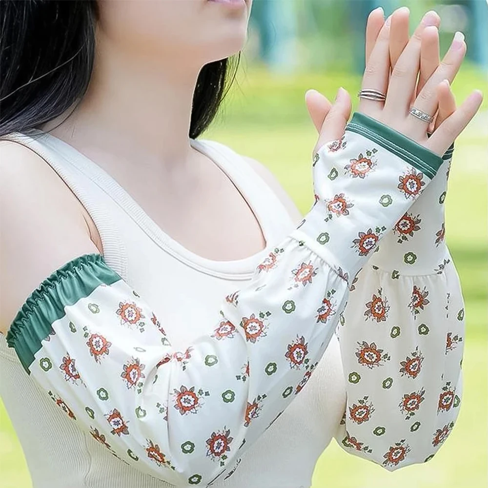 Mode Bloemen Ijs Zijden Mouwen Vrouwen Zomer UV-Bescherming Losse Arm Covers Outdoor Fietsen Rijden Cool Zonnebrandcrème Armmouwen