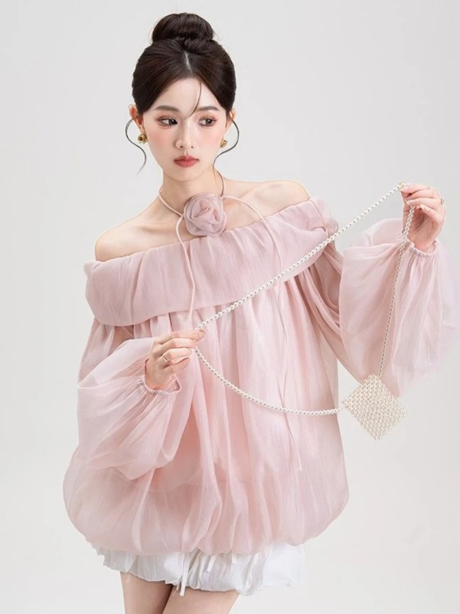 2026 Frühling Neu Rosa Off-Shoulder Elegantes Langarm-Chiffon-Oberteil Transparentes Blumen-Top Damen Neuer Trendiger Chic