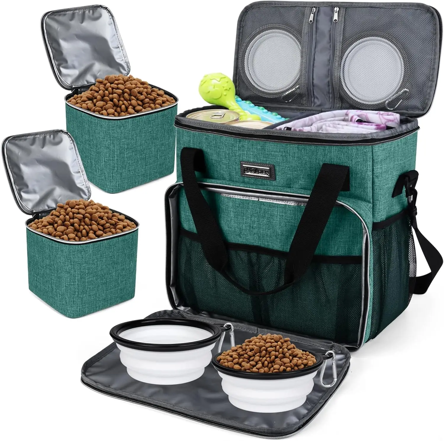 

Pet Travel Set: Airline-Approved Carrier for Small/Medium Cats & Dogs with Travel Bag, Food Containers & Silicone Bowls, Grey