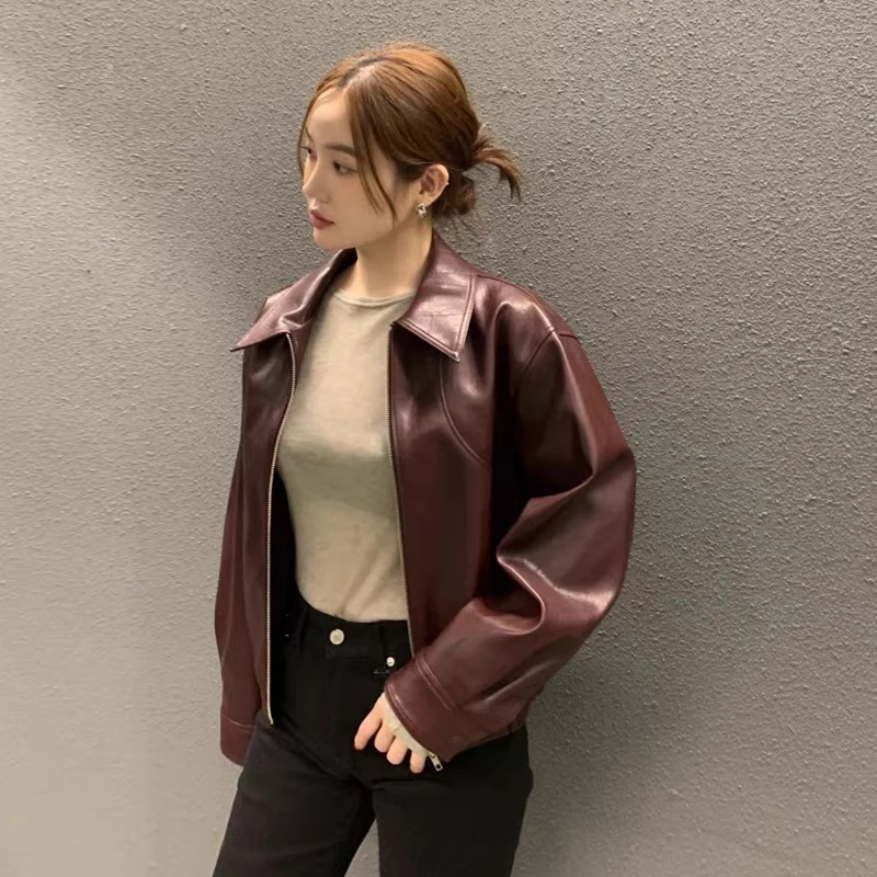 Korean Chic Autumn Vintage PU Jacket Elegant Simple Turn-down Collar Zip Up Casual Leather Coats Women All-match Cropped Top