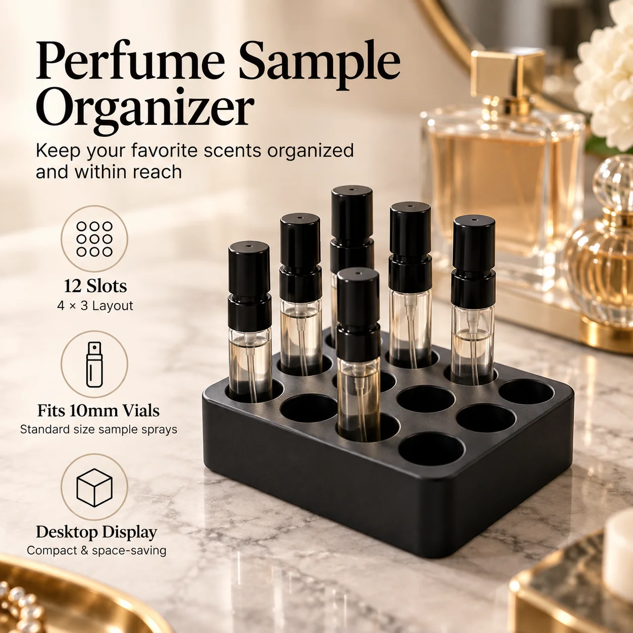 12-Slot Perfume Sample Vial Organizer 3D Printed Desktop Storage Display Rack for 10mm Mini Spray Bottles Vanity Cosmetic Holder