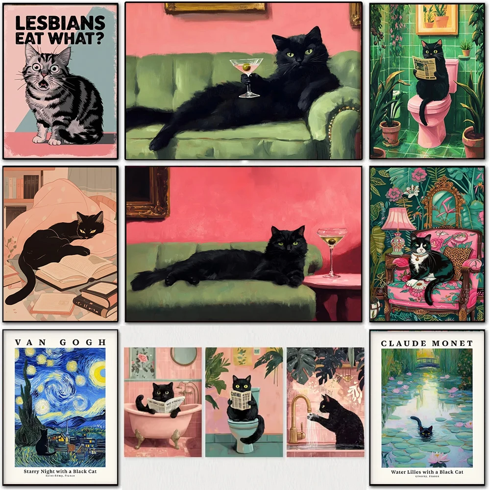 1pc frameless,Martini Kawaii Black Cat Retro Poster Whimsical Funny Toilet Bathroom Vintage Pink Graffiti Aesthetic Canvas Art H