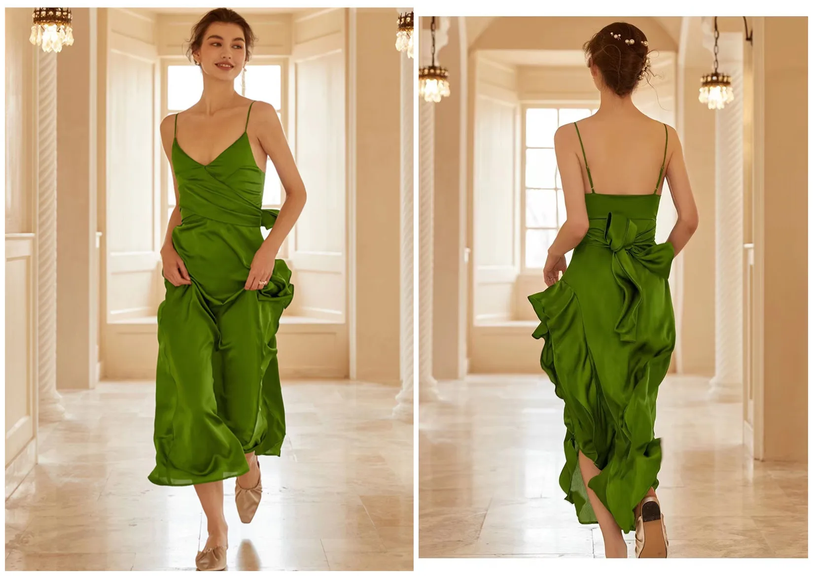 Backless Groene Lange Rok Zomer Grote Schommel Rok Lotusblad Bruiloft Bruid Jarretel Kamerjas Vrouwelijke Herfst En Winter