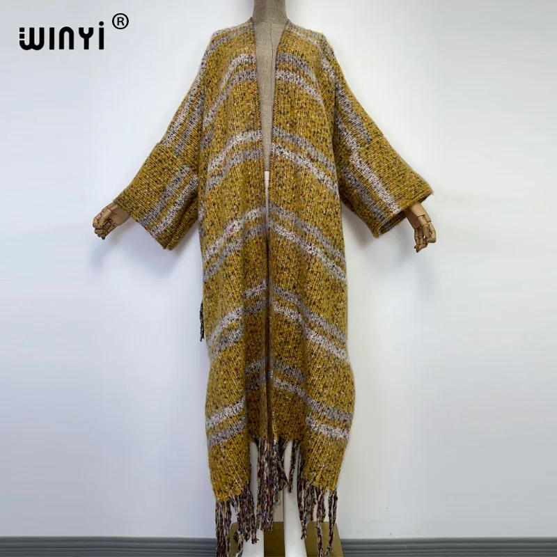 

WINYI Winter new kimono Women tassel comfortable coat Loose fashion dress robe longue Thick Warm loose stripe printing Kaftan