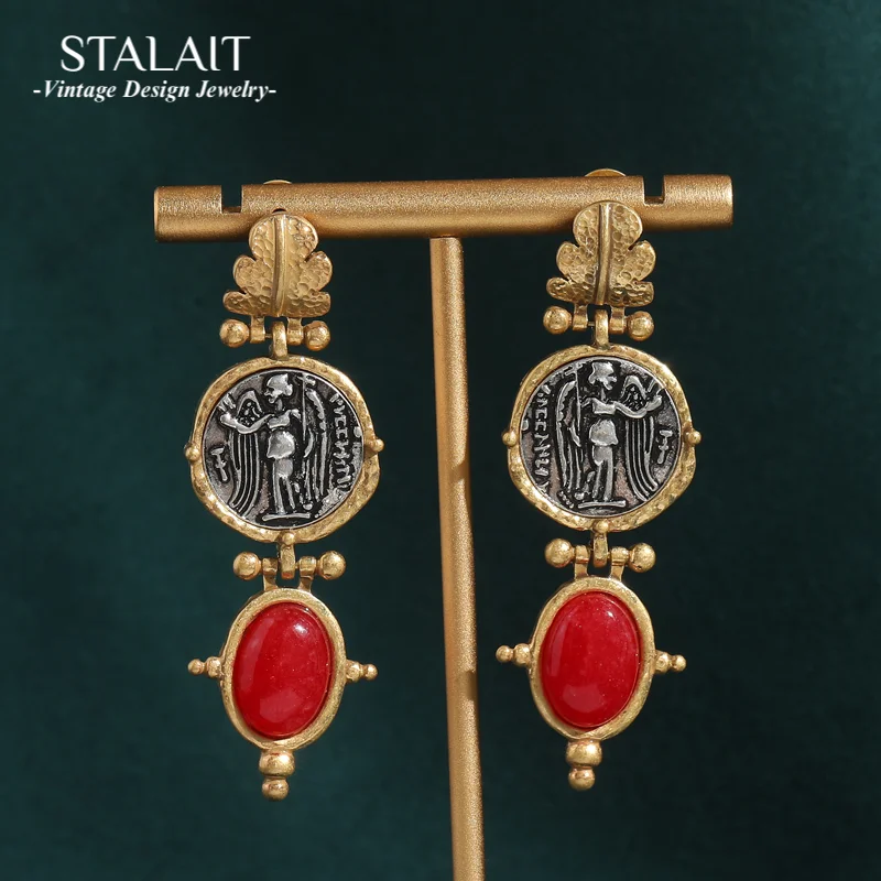 

Vintage Red Oval Natural Stone Dangle Earrings Round Pendant Gold Color Coin Antique Jewelry for Woman Bride Accessories Luxury