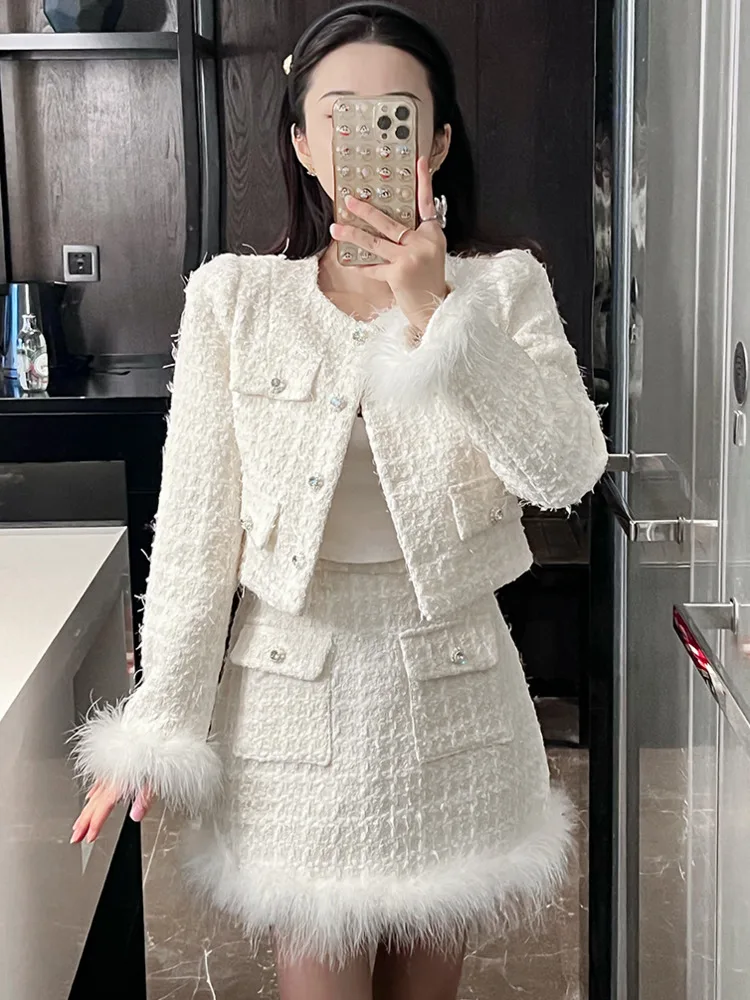 High Quality Luxury Small Fragrance Two Piece Set Women Short Jacket Coat + Skirt Suits Autumn Winter Fashion Sweet 2 Piece Sets