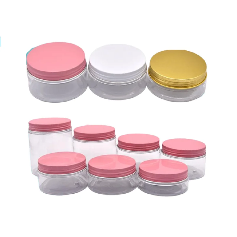 

24pcs Cream Container Empty Clear Plastic Pot Aluminum Lid 30g 50g 80g 100g 120g 150g 200g 250g Refillable Bottle Cosmetic Jar