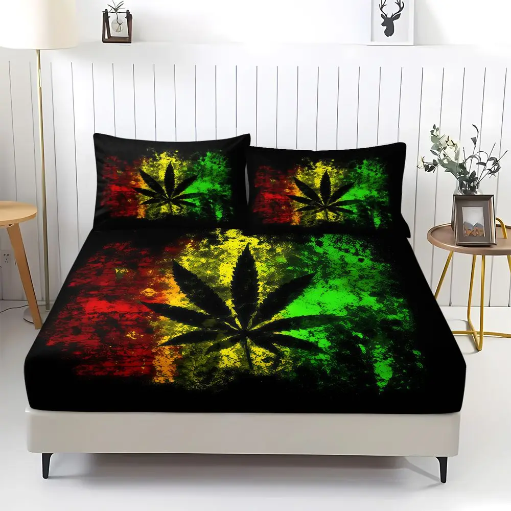 Leaf Print Fitted Sheet Set Bed Sheet Set Digital Printed Bedding Soft Elastic Fabric For Bedroom Home Decor