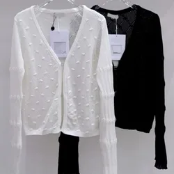 New Knitted Long Sleeve Cardigan Diamond Buckle and Lotus Leaf Edge Women's Round Neck Thin sweater Top