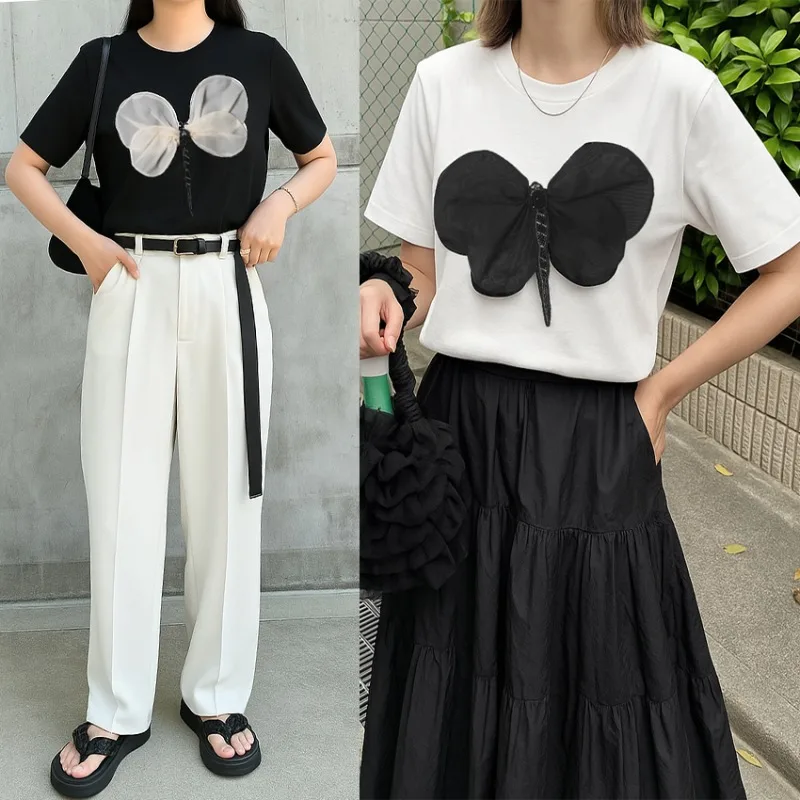 

Black Bow Tie Short Sleeve Cotton T-Shirt Women 2025 Summer New Korean Style Fashion Ins O-Neck Graphic T Shirts Girl Tops Tees