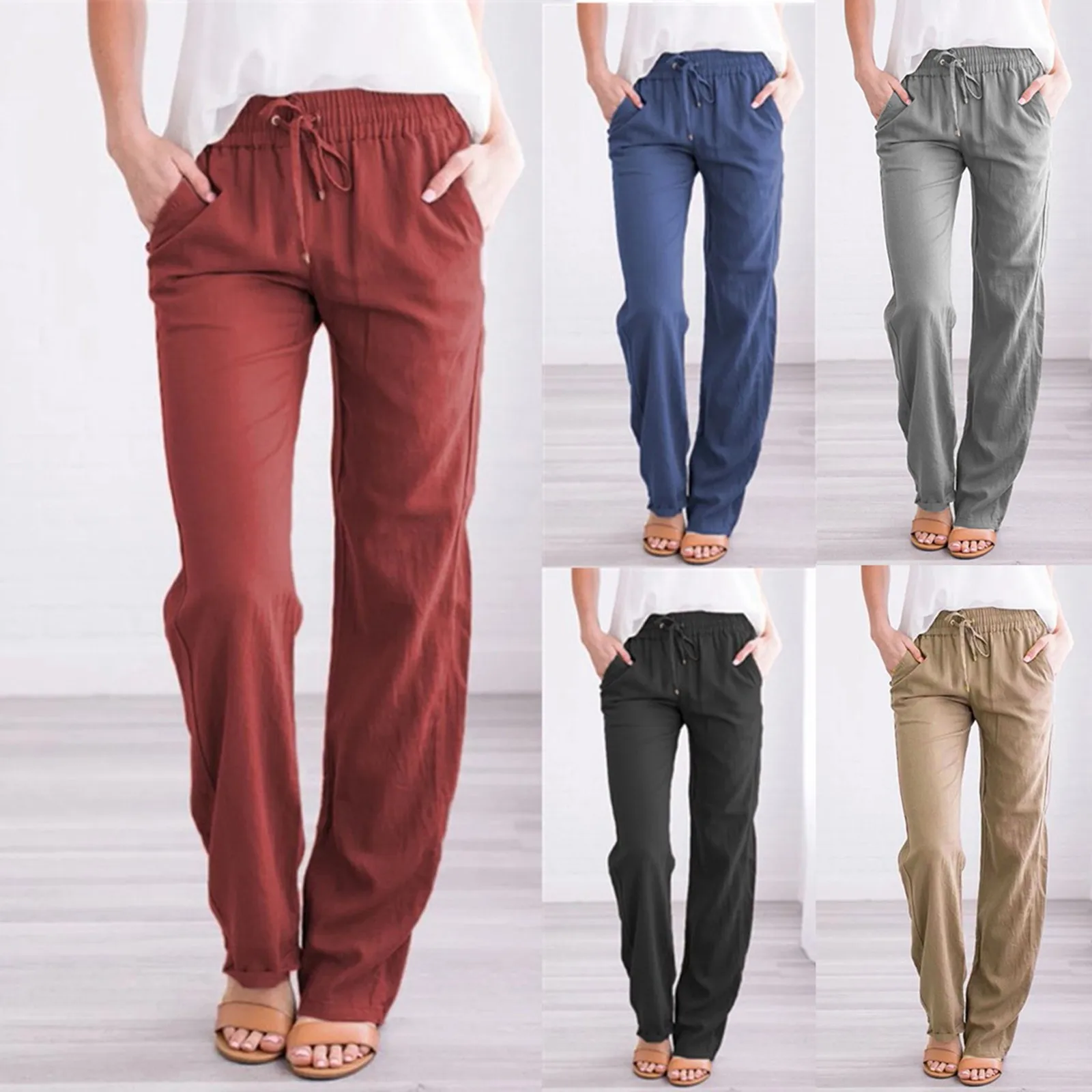 Spodnie bawełniane dla kobiet Solidne proste spodnie w talii i długie damskie Casual Sznurek Elastyczna talia Casual Comfort Pants