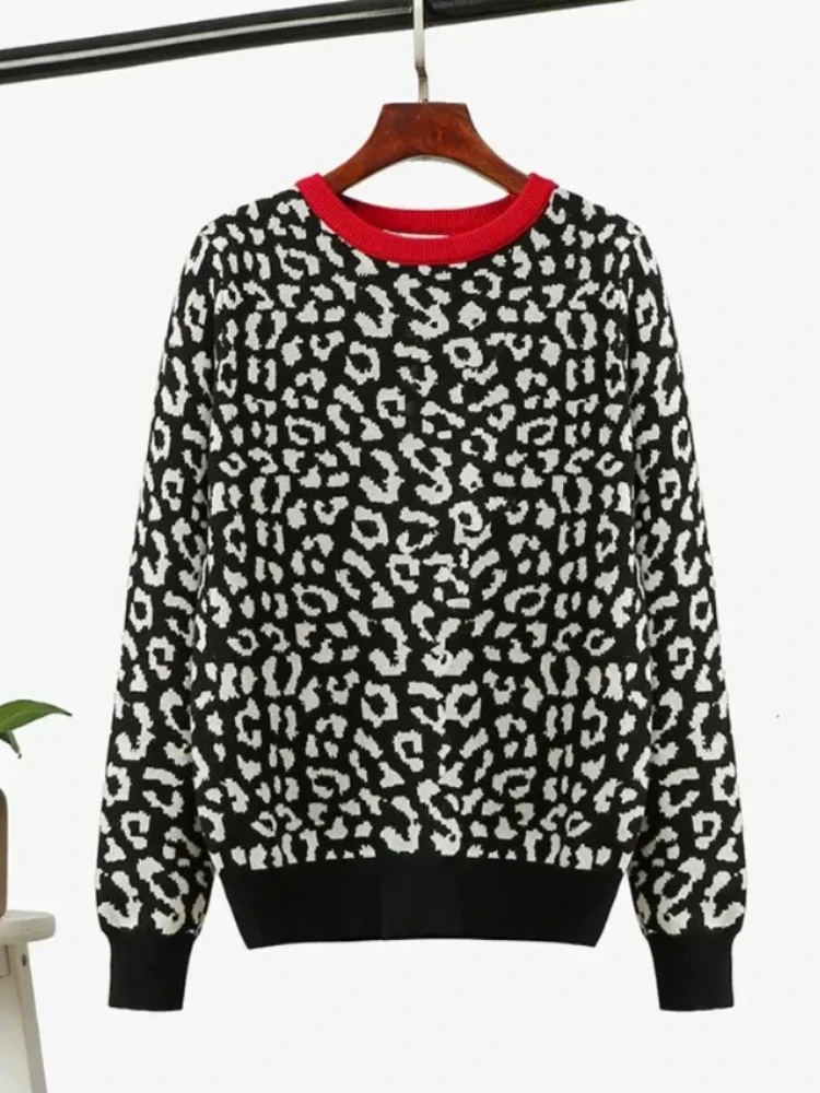 Nuevo en invierno, jerseys para mujer con estampado de leopardo, jersey básico con cuello redondo, Tops Vintage, suéteres de punto cálidos para mujer, ropa