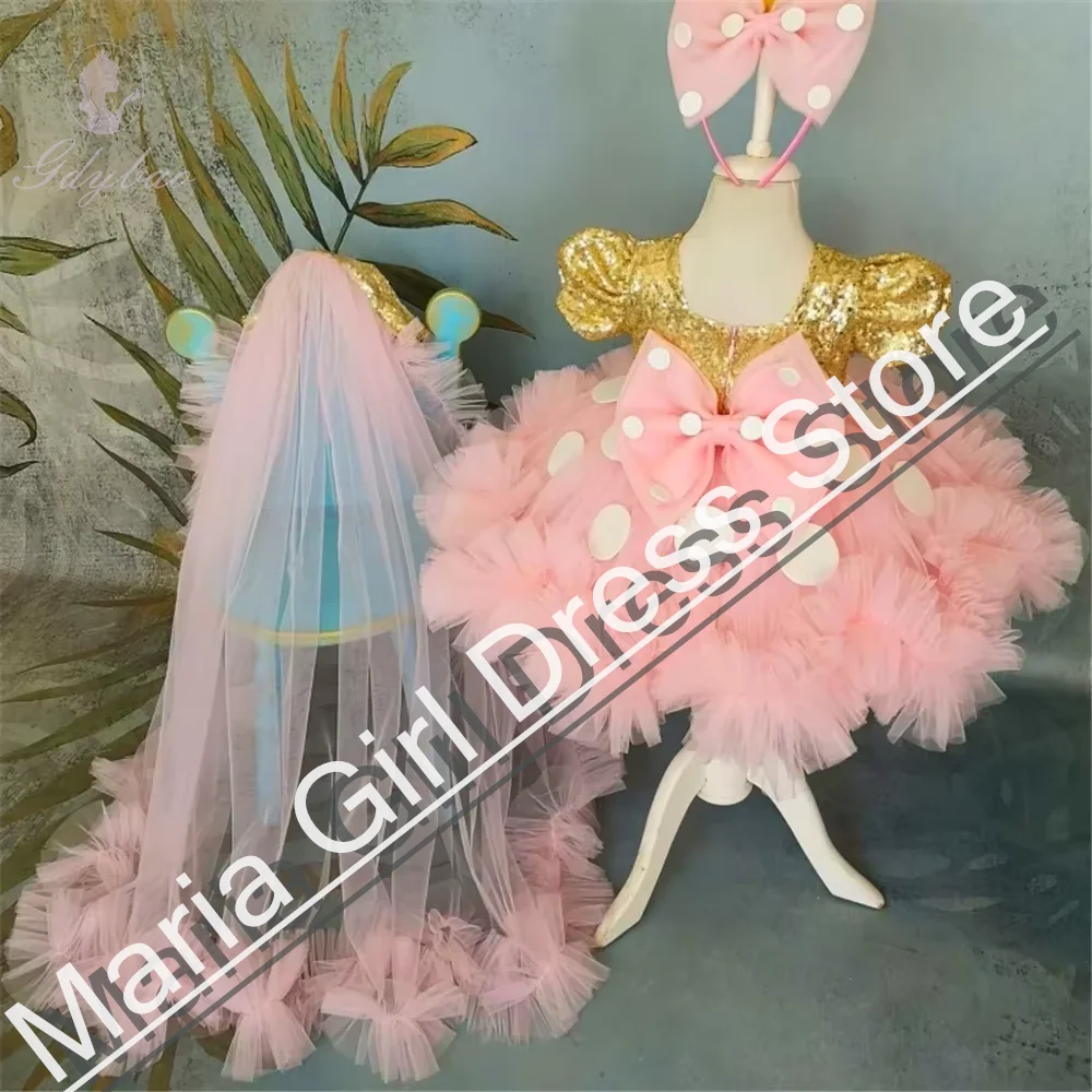 Schöne Tüll Pailletten weiße Punkte Gold Pailletten Blumenmädchenkleider Schleife Tailing Kurzarm für Hochzeit Kinder Geburtstagsgeschenk Party