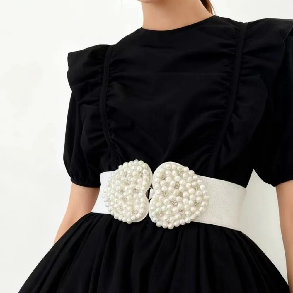 French Fashionable Pearl Elastic Waistband Heart-shaped Waist Cinching Women's Waist Belt Buckle Stretch Belt Matching Dress