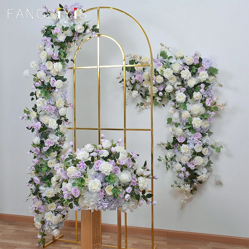 

Artificial Purple White Arch Backdrop Decor Hang Flowers Row Wedding Table Centerpieces Floral Ball Event Party Banquet Props