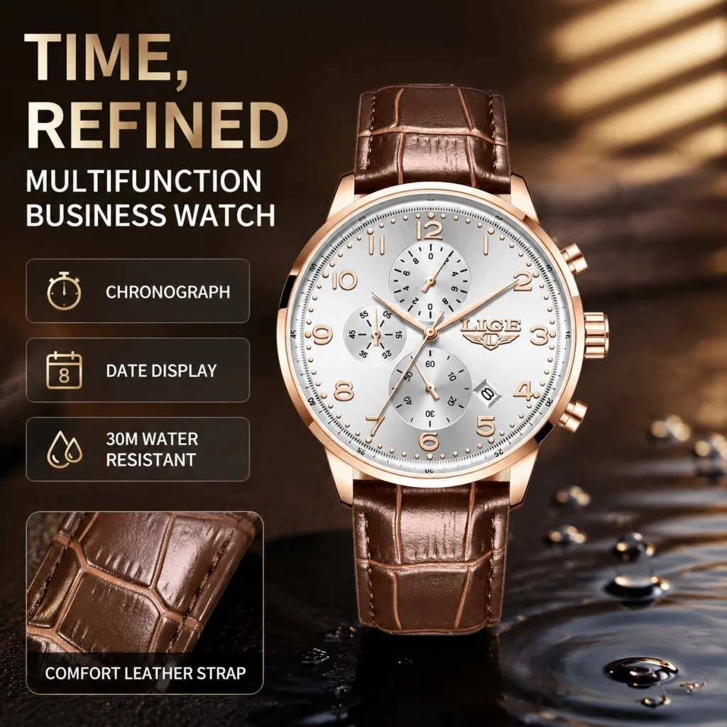 LIGE New Men Watch Fashion Top Brand Luxury Leather Watch For Men Casual Business Waterproof Luminous Quartz Date Chronograph