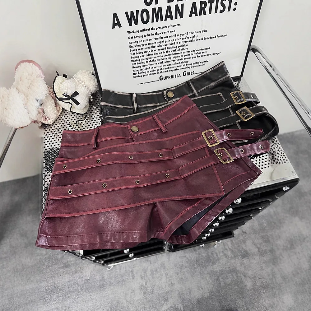 Women Y2K Faux Leather Mini Shorts Multi Buckle Strap High Waist Pu Leather Short Pants Gothic Streetwear