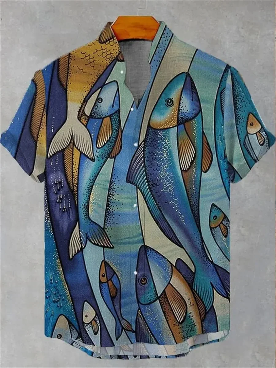 2025 Men's New Retro Style Fish Pattern Print Men's Casual Linen Comfortable Fabric Short Sleeve Shirt Button Stand Collar Top