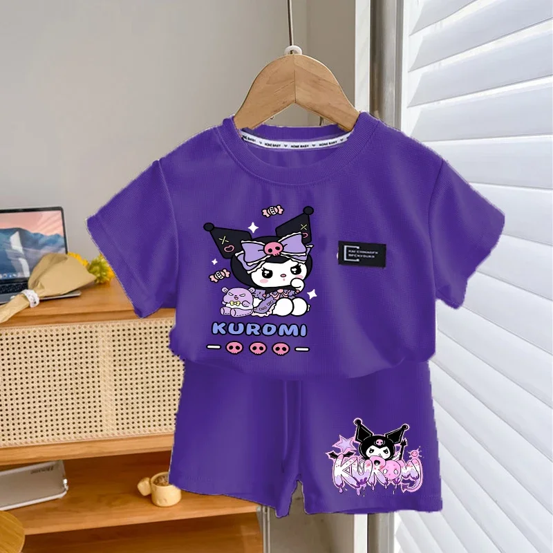 Kuromi Children T-Shirts Shorts Set Anime Sanrio Summer Tops Short Sleeves Pants Suit Pajamas Home Wear Clothes Kids Tracksuit