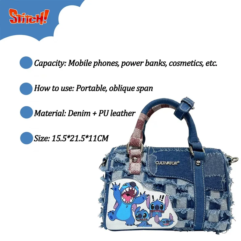 Original Disney Stitch Women\'s Handbag Fashion Ladies Denim Shoulder Oblique Bag Luxury Brand Large-Capacity Cartoon Handbag