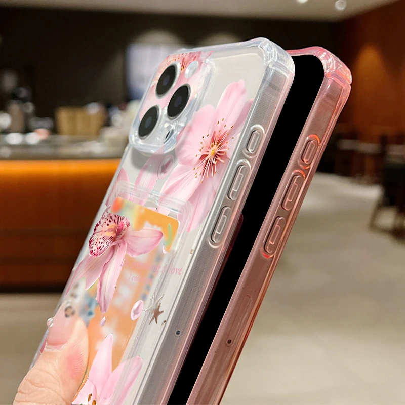 カードスロット付きクリアスマホケース iPhone Air 16e 17 16 15 Pro Max 14 13 Pro Max 12 11用 リリー柄 ソフトシリコンカバー