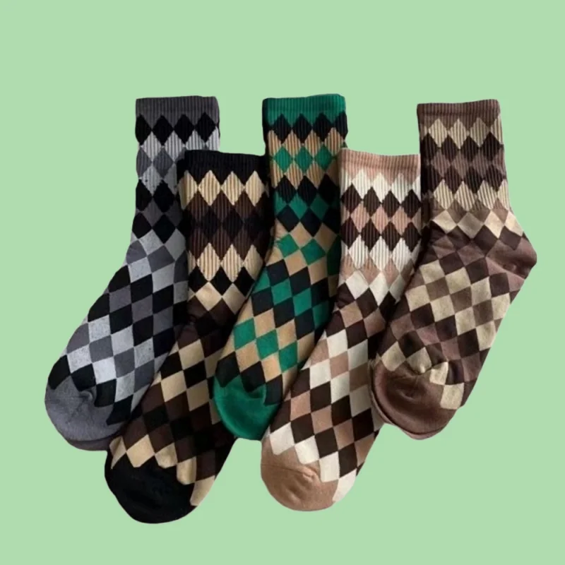 5/10 Pairs Top Quality Classic Plaid Versatile Retro Trendy Outer Wear High Socks Women's Socks Diamond-shaped Mid-tube Socks