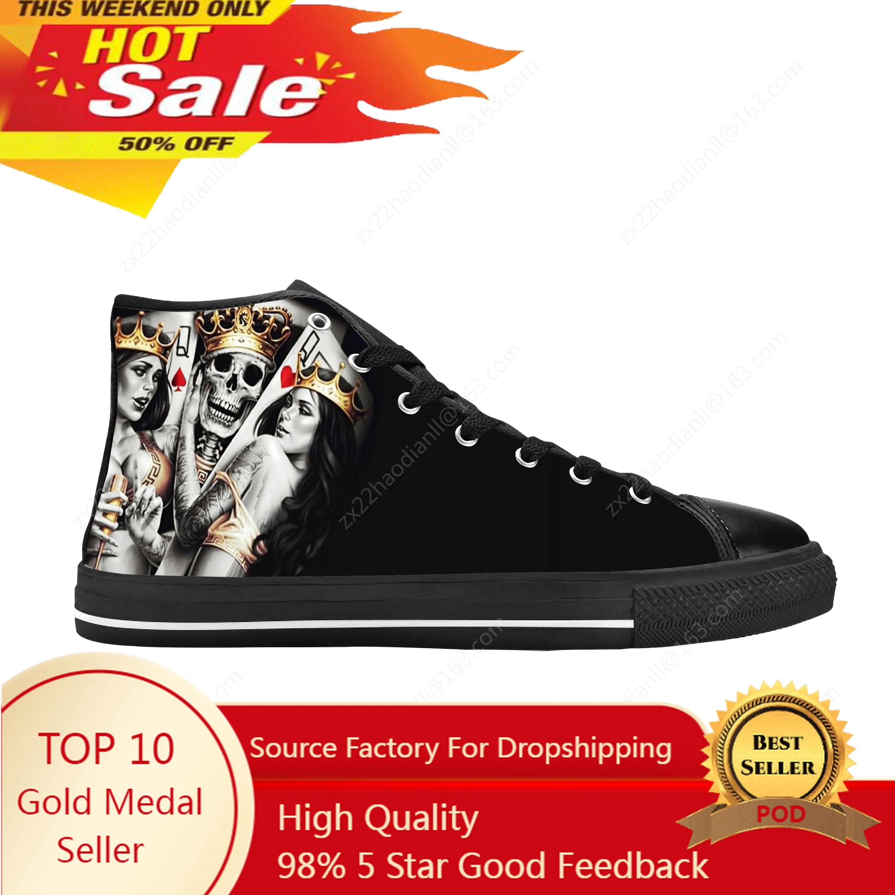 

Queen King Poker Skull Sketelon Horror Rock Cool Casual Cloth Shoes High Top Comfortable Breathable 3D Print Men Women Sneakers