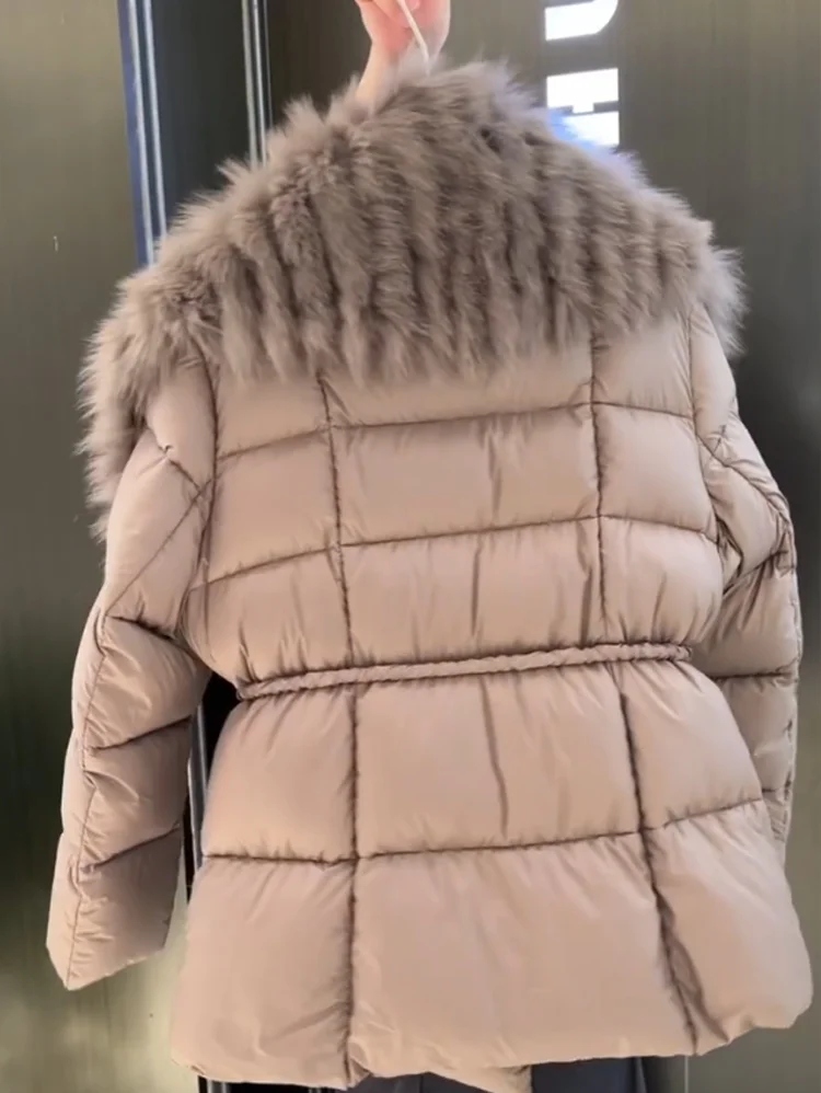 Inverno thiened algodão jaet feminino faion dstring cintura fino ajuste quente ort casaco grande gola de pele commute sle