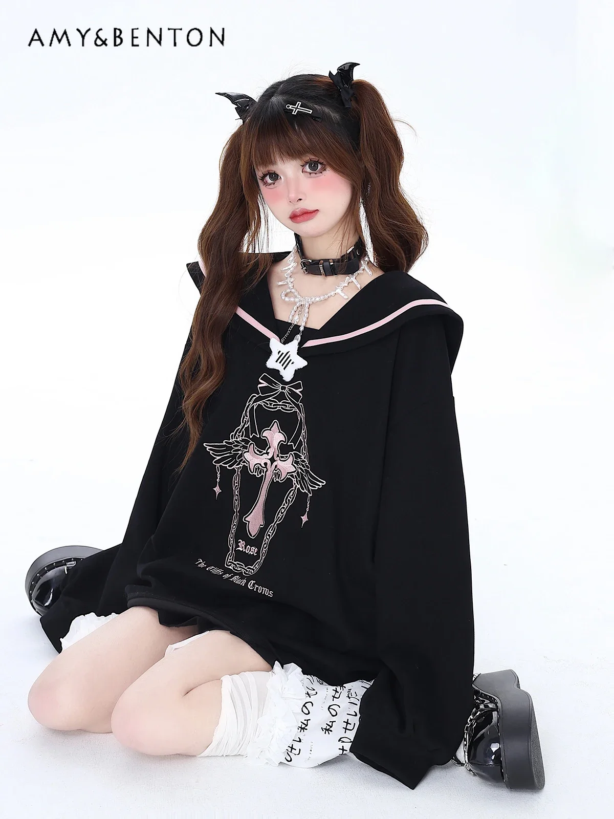 Original Sailor Collar Cartoon Print Goth Two-Dimensional Hoodies Preppy Style Kawaii Oversized Sweatshirt Spring and Summer New