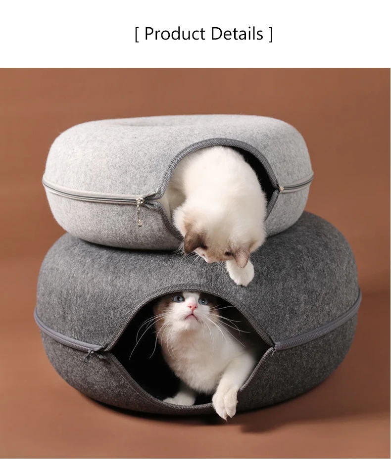 Donut Katze Tunnel Bett Haustiere Haus natürlichen Filz Haustier Katze Höhle interaktives Spielzeug Runde Wolle Filz Haustier Bett Katze Training Spielzeug Katzen haus – Detail 7