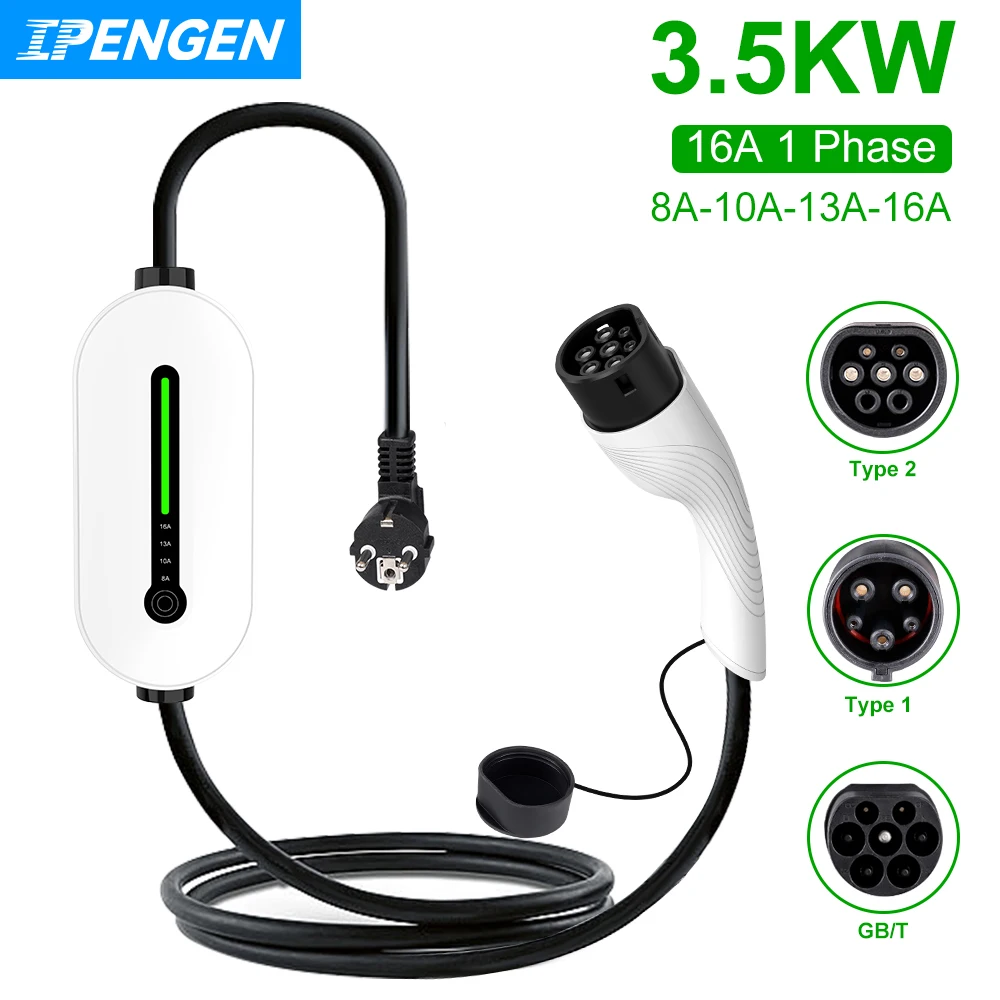 IPENGEN Type 1 Type 2 GBT EV Charger Charging Box Electric for Electric Car 3.5KW 16A 1 phase EVSE Charging Cable Wallbox EVSE