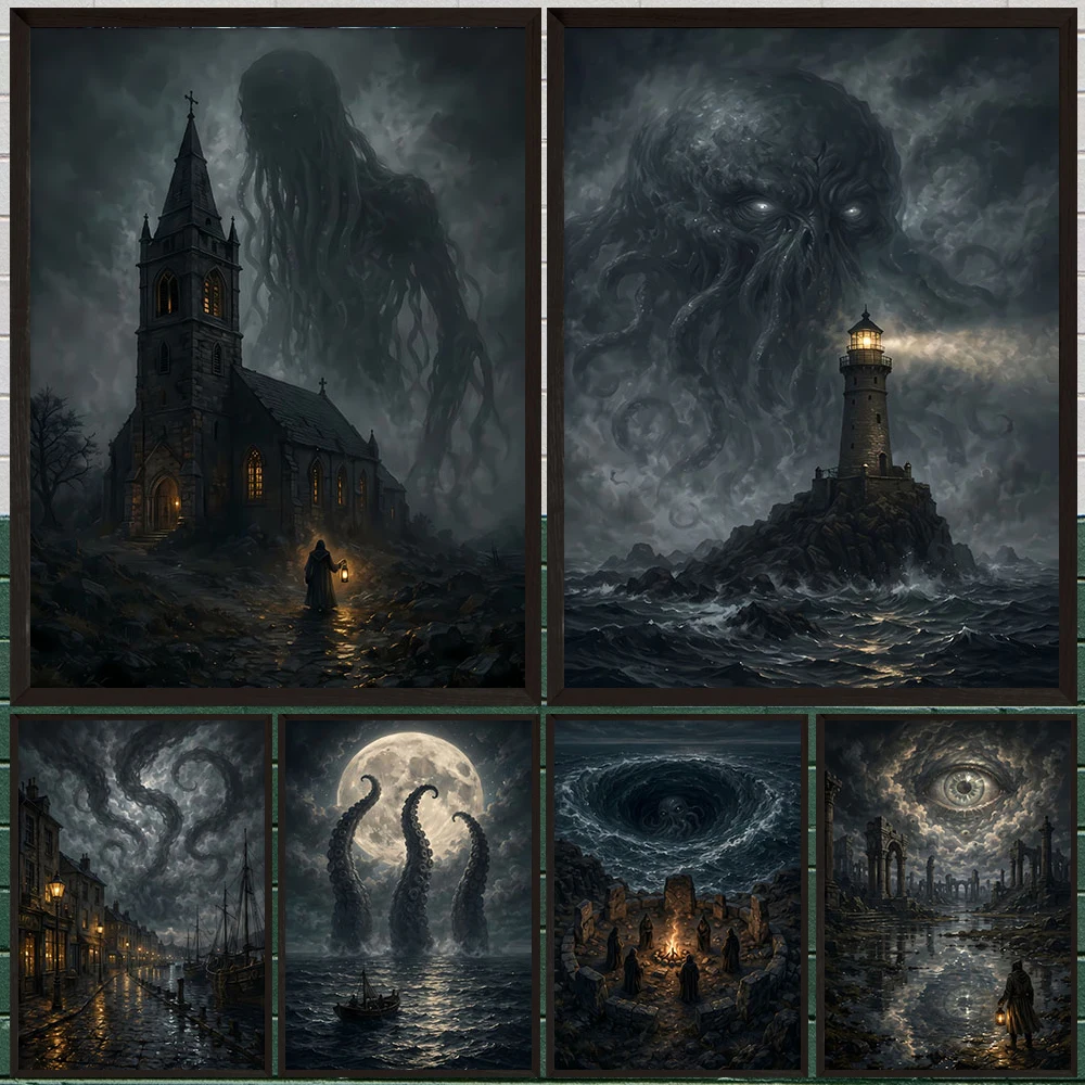 Cosmic Horror Cthulhu Canvas Wall Art Storm Seaside Tentacle Monster Cult Ritual Surreal Dark Fantasy Art Print Wall Poster
