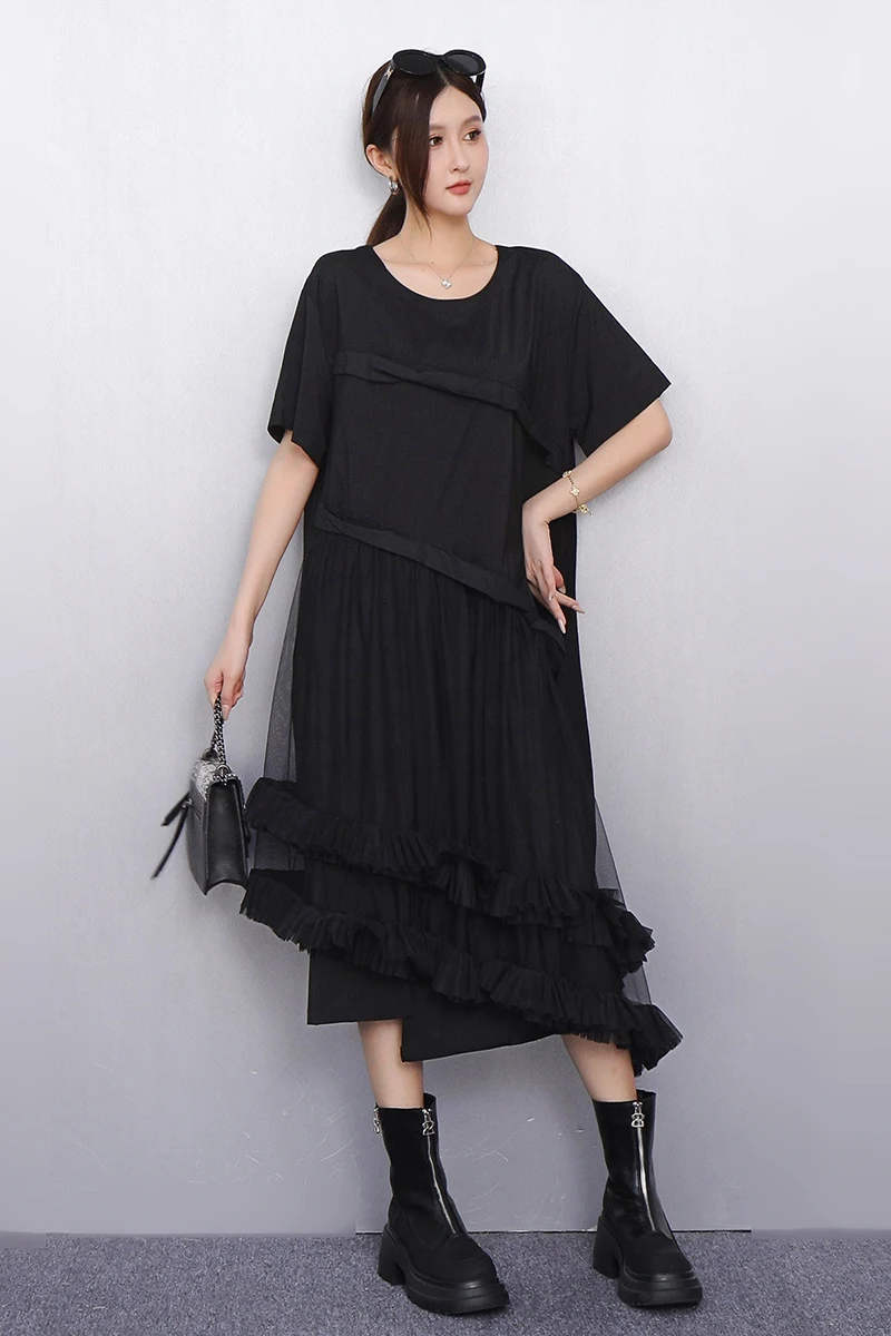 2025春夏新作 レディース イレギュラーメッシュTシャツ ルーズロングワンピース 半袖ワンピース 卸売 J1179