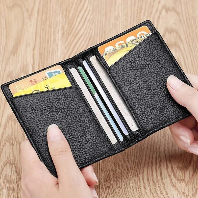 Litchi Grain Minimalist Bifold Card Wallet, Slim Multi-slots Portable Case for ID & Bank Cards Lightweight for students and busi