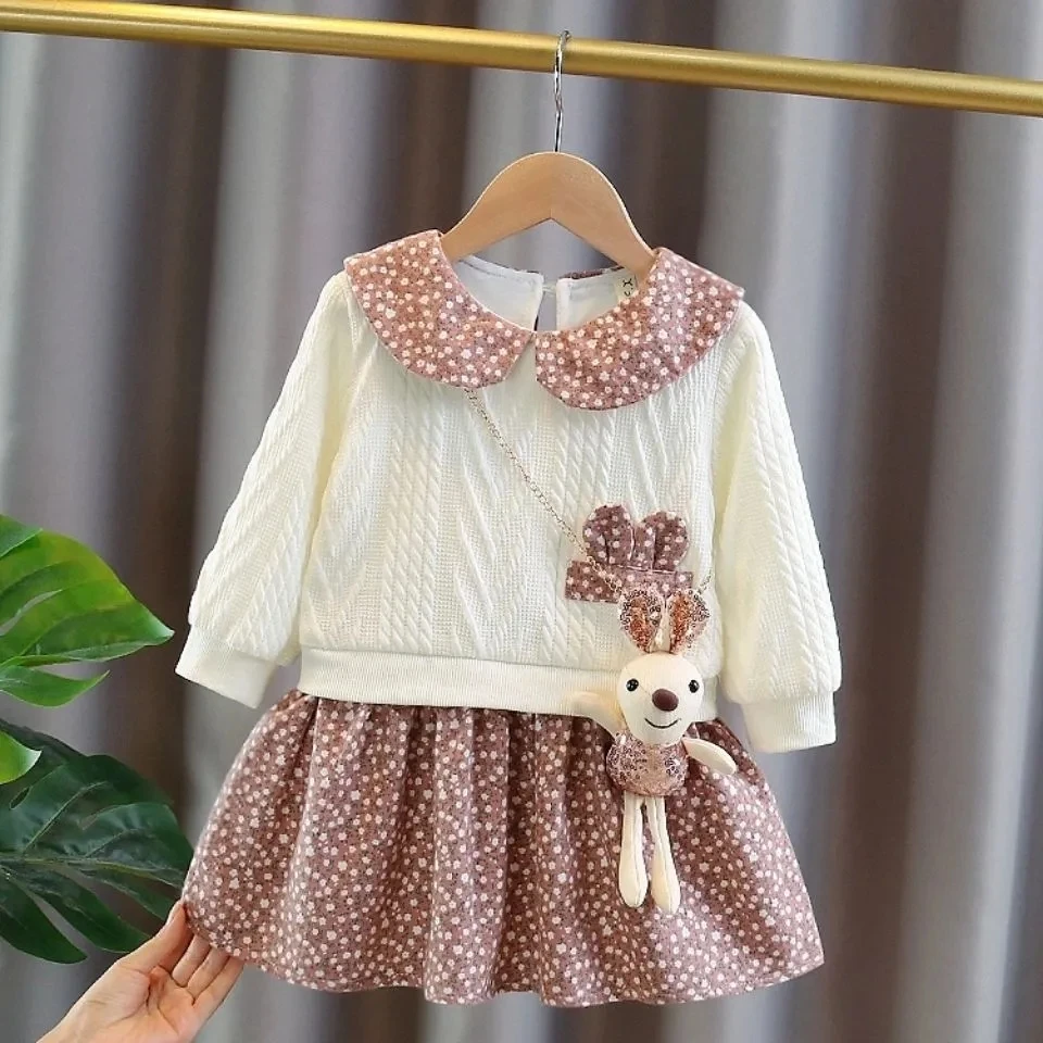 Children\'s Autumn New Dress Girl Baby Cute Fake Two-piece Dress Princess Floral Dress Free Rabbit 2 4 6 7Y