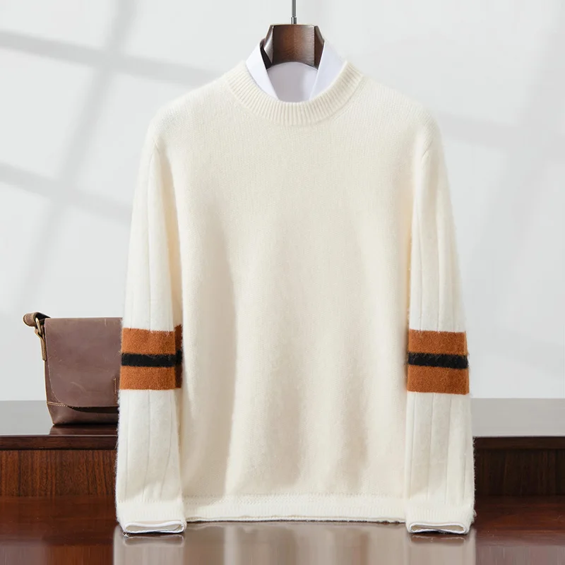 100% Pure Cashmere Men's Sweater with Color Block Sleeves, Seven Needle Round Neck Knitted Thick Casual Versatile Base Pullover
