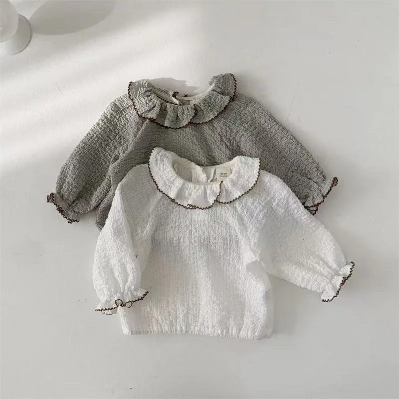 

2025 Spring New Baby Girl Cotton Ruffled Blouse Kids Girls Long Sleeve Lapel Shirts Infant Princess Tops Toddler Clothes