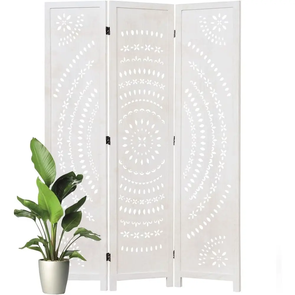 

Складная ширма-перегородка 66,9 дюйма, 3-панельная, с резьбой по дереву, для зонирования пространства, отдельно стоящая, в комплекте с инструкцией по сборке (белая, с эффектом состаривания)