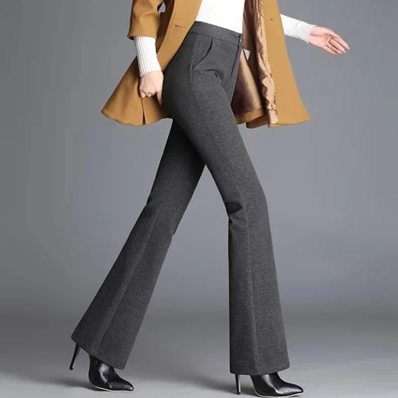 Korean Casual High Waist Solid Gray Slim Woolen Flared Pants Style Classic Pants Female Formal Chic Big Size 4XL Flare Trousers