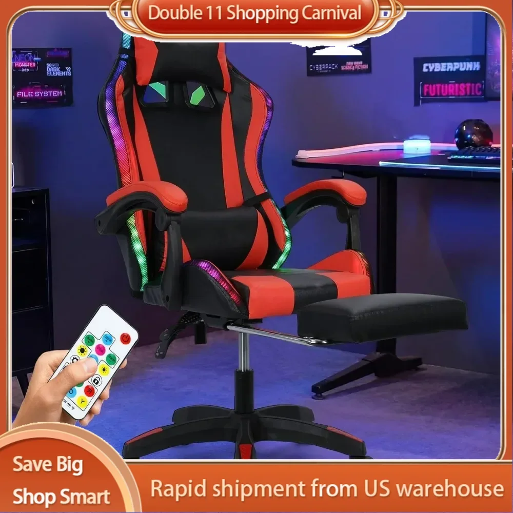 Gaming Chair Massage w Bluetooth Speakers RGB LED Lights,Ergonomic，Footrest,Height Adjustable Adults w Back Lumbar Support Red