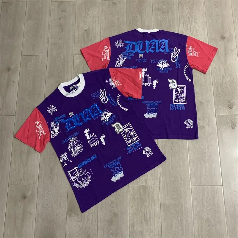 Purple Red Splicing DUAA Mens T-Shirt Rhinestone Letter Print Oversized Pure Cotton Summer Tees