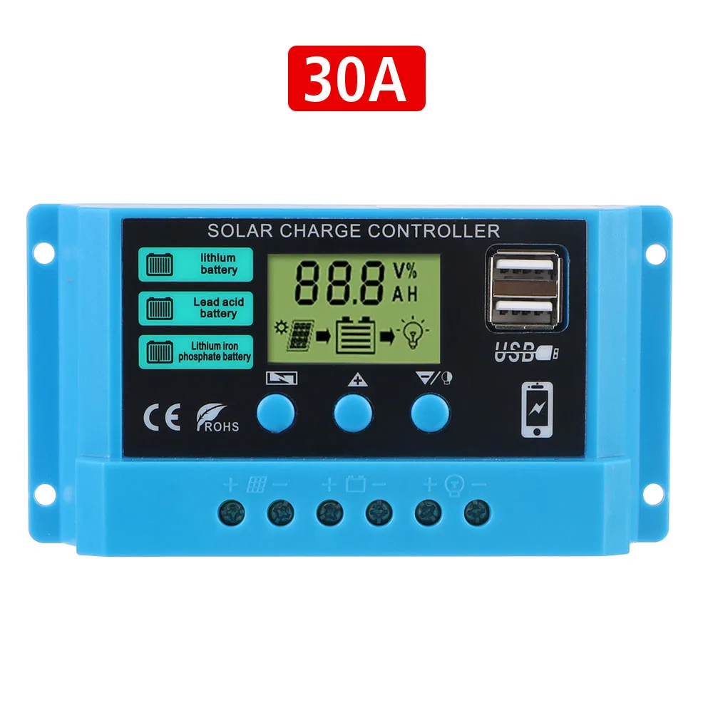 Solarregler 30A 20A 10A 5V Ausgang Auto PWM Batterieladegerät LCD Display Dual USB Solarregler 12V/24V