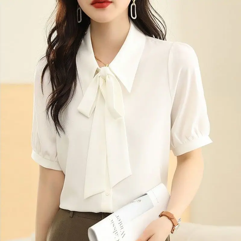 

Женская блузка с бантом, коротким рукавом, отложным воротником и пышными рукавами, офисная рабочая рубашка, элегантный летний топ во французском стиле