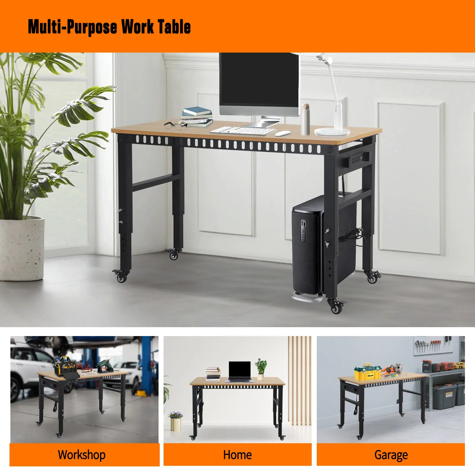 48 Inch Adjustable Height Work Table with Power Outlet & USB Port, 2000 LBS Heavy Duty Rolling Workbench with Lockable Wheels