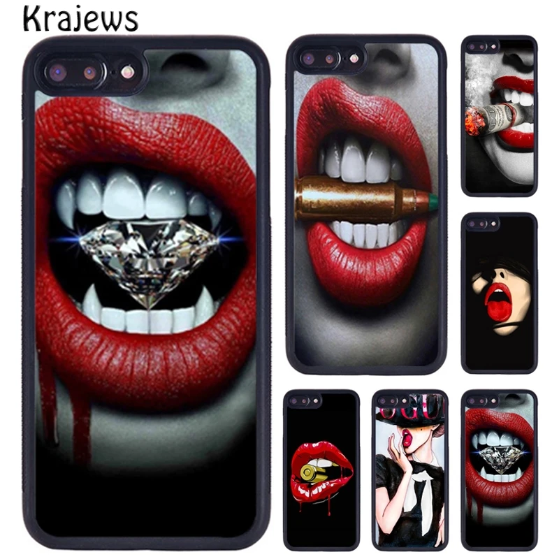 Krajews Sexy Red Lips Art Rubber Phone Case For iPhone 16 15 14 X XR XS 11 12 mini 13 Pro MAX Plus cover shell coque