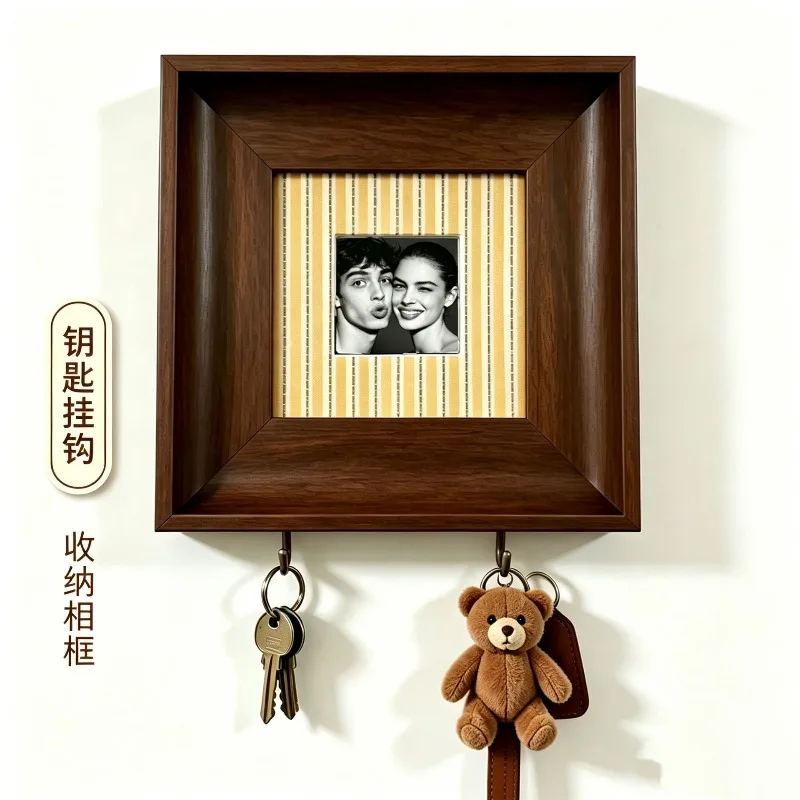 Square 6 Inch Creative Key Holder Photo Frame Wall Mounted Couple Picture Frame Entryway Home Decor Hanging Rack Organizer