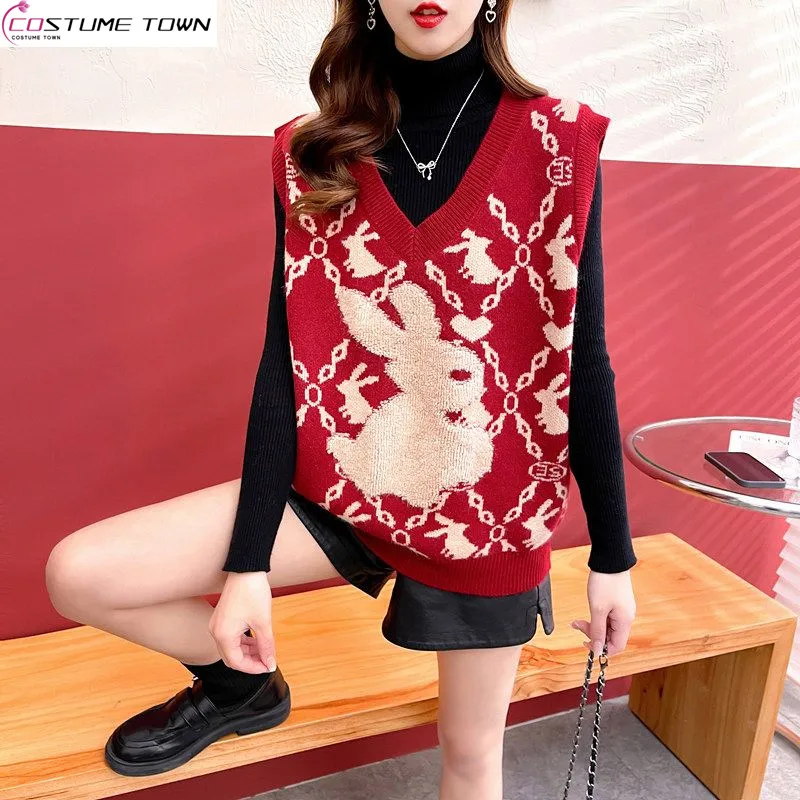 

Knitted Sweater Vest Red Autumn and Winter 2023 New Women's Sweater Loose Fitting Age Reducing Fashion Top